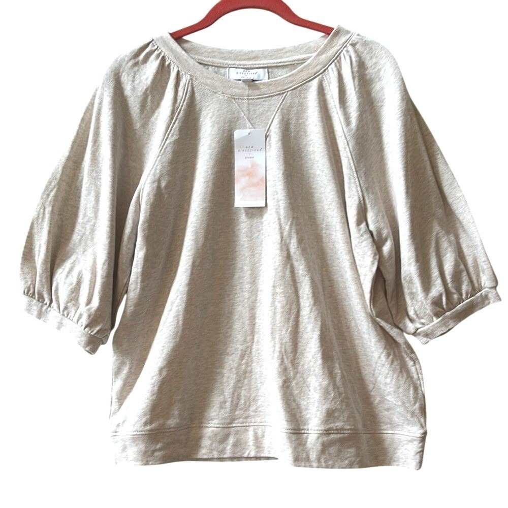 NWT New Directions Beige Heather Abalone Sky Women's Puff Sleeve Top Size Large‎